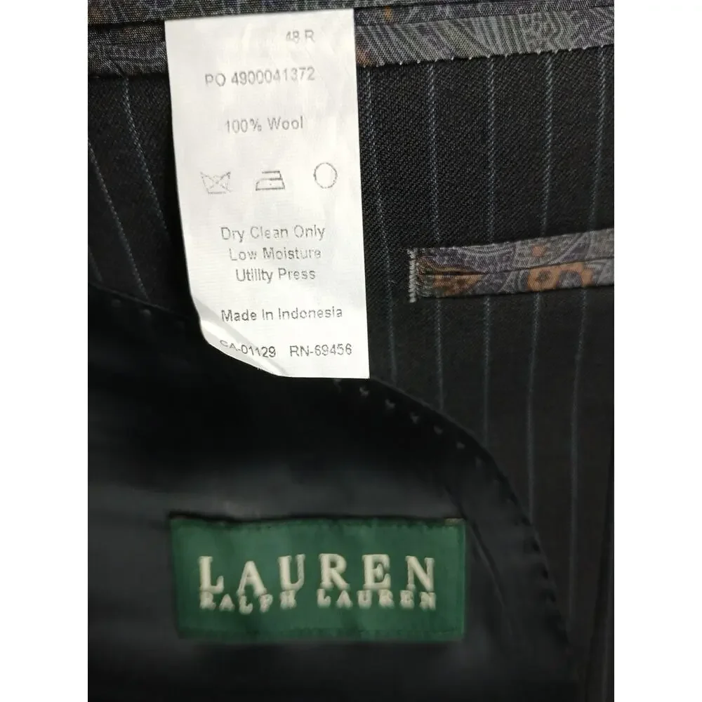 Ralph Lauren Pinstripe Wool Suit Blazer & Pants Blk Sz 48R 38Wx 32L 69456/90736